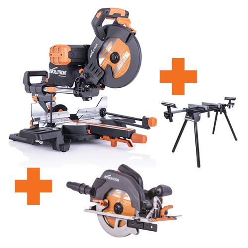 Pokosová pila EVOLUTION R255SMS-DB+ k ní EVOLUTION R185CCS a stojan zdarma